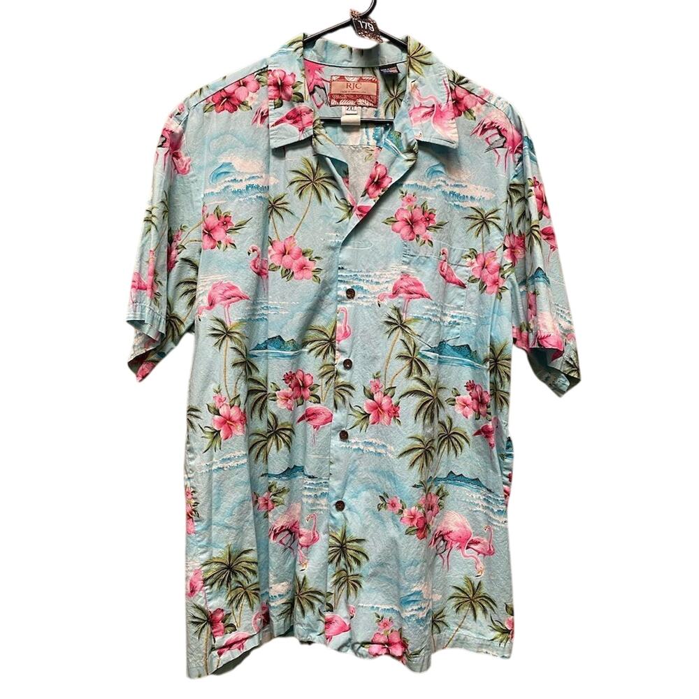 RJC Men's 2XL Hawaiian Shirt Pink Flamingo Hibiscus Graphic Print Casual Tropic
